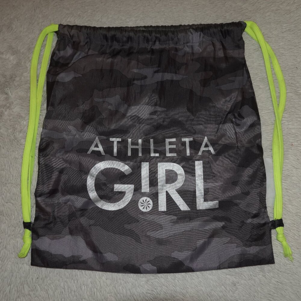 Athleta Girl Drawstring Backpack, Black Camo Neon Yellow Straps Gym Bag